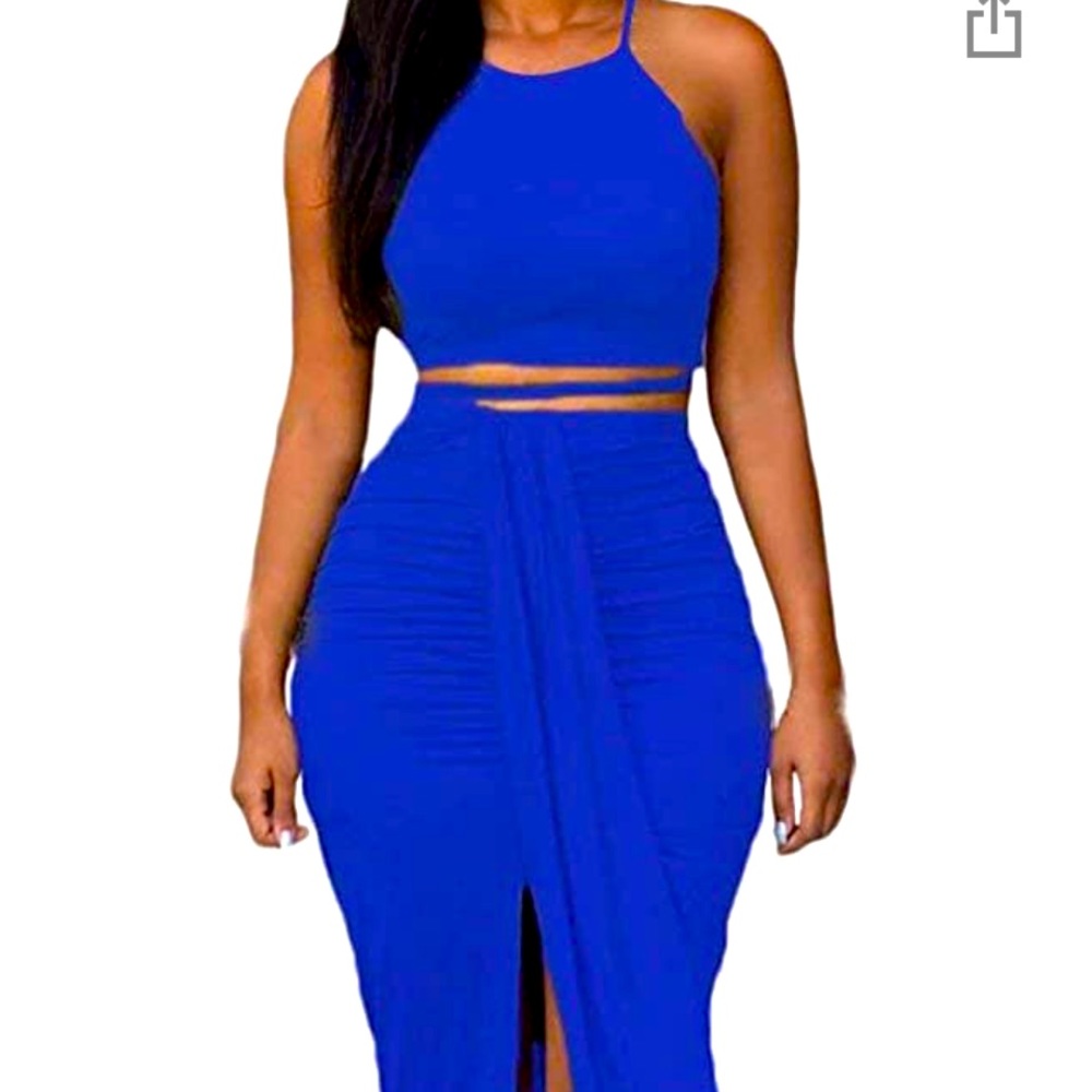 Womens Sexy Cotton Sleeveless Slit Two Piece Maxi Skirt Set